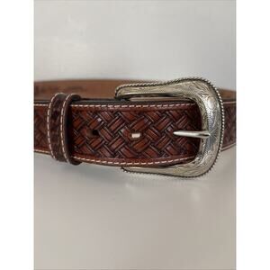 Mens Justin Brighton Silver Buckle Brown Leather Belt 36” Western NWT
